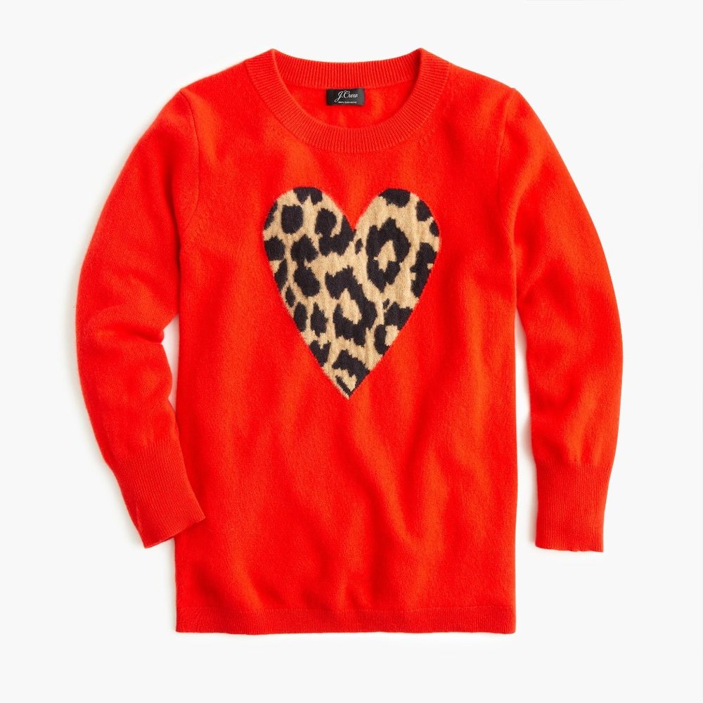 Red J Crew Cashmere Sweater with Leopard Print Heart Design, Size XS